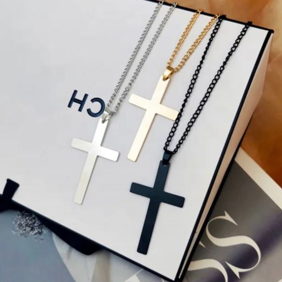 Silver Stainless Cross Pendant Fashion Necklace 17.5"-19.5” Adjustable Chain - Picture 3 of 5